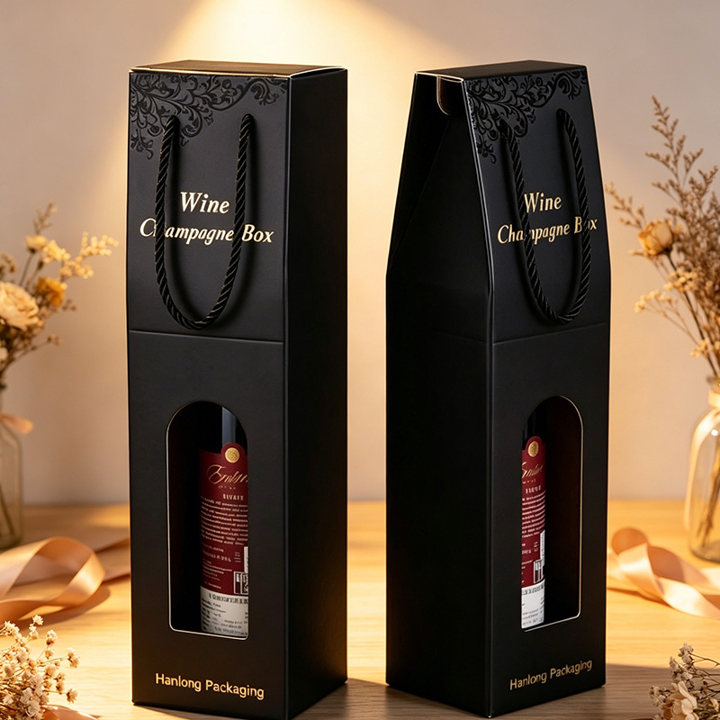 Black Wine Champagne Box With Rope Handle And Window For Luxury Gifts