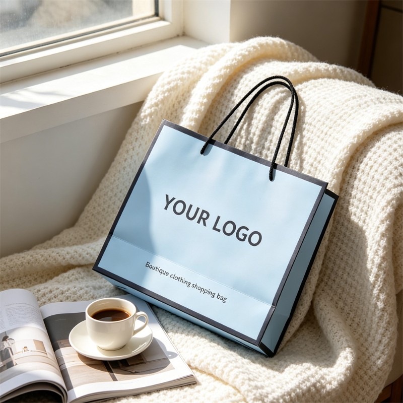 Blue Boutique Clothing Shopping Bag With Black Rope Handles