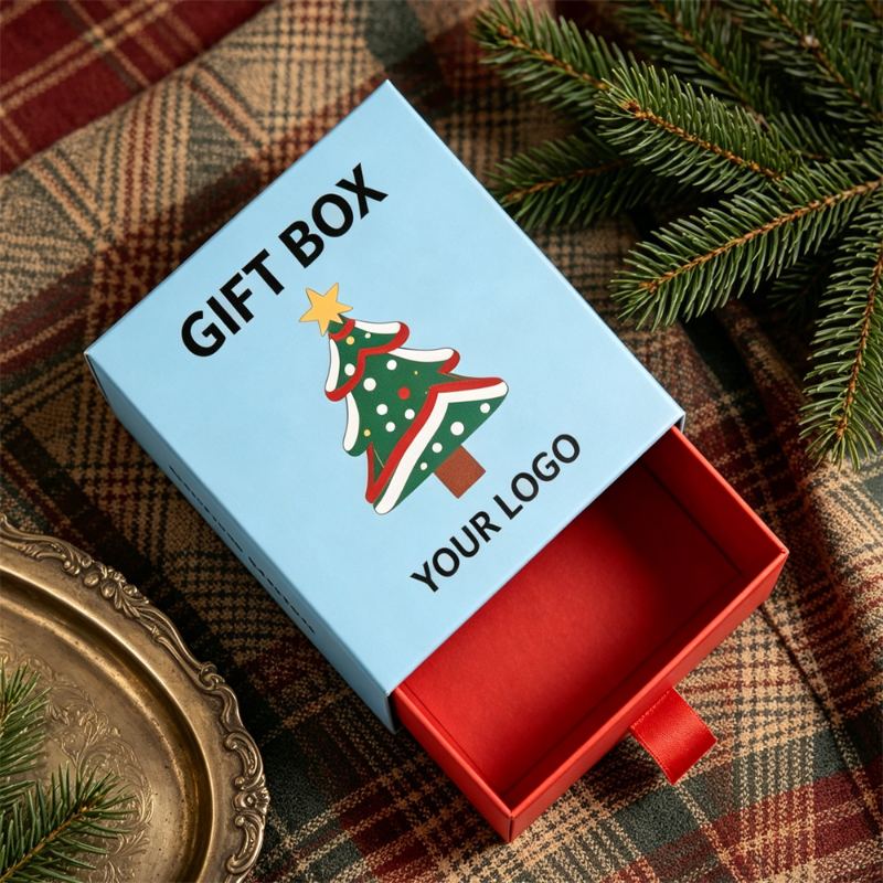 Blue Christmas Gift Box Set With Drawer And Handle