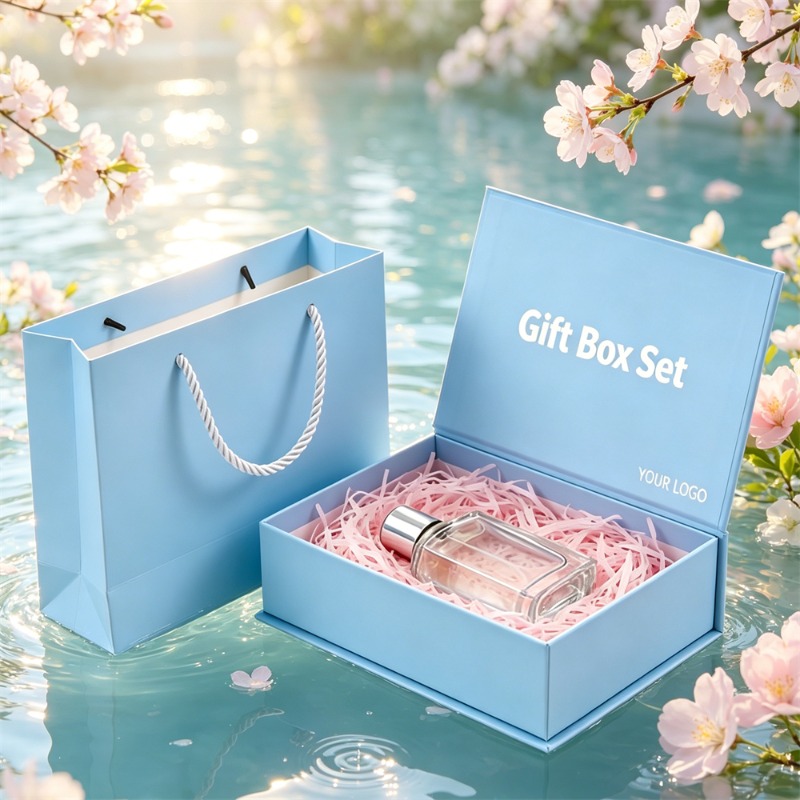 Blue Gift Box Set With Tissue Paper For Festival Presents