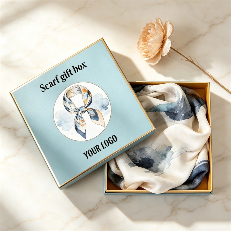 Blue Silk Scarf Packaging Box With Gold Foil Details
