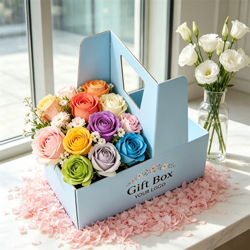 Blue Specialty Rose Bouquet Packaging Box With Handle