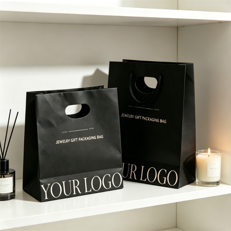 Custom Black Paper Bag With Die Cut Handles For Jewelry Packaging