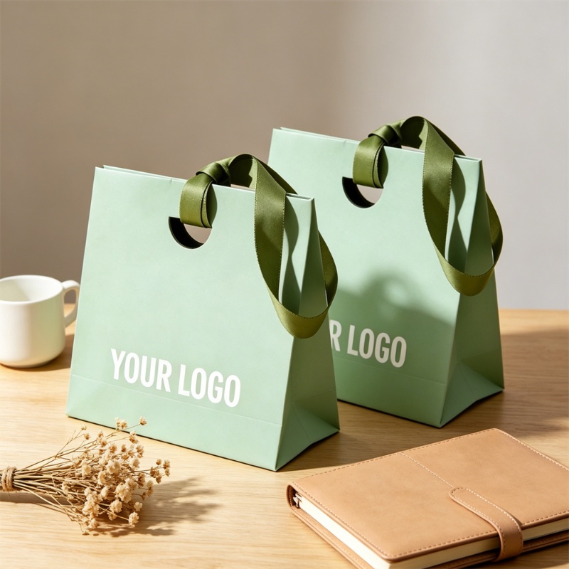 Eco Friendly Green Paper Bags With Die Cut Handles