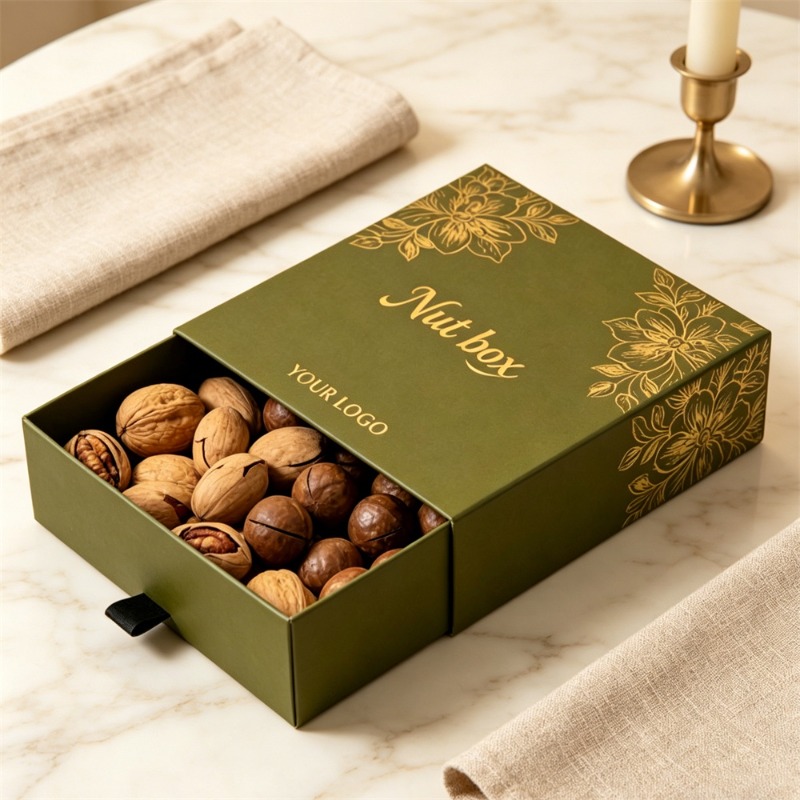 High End Green Drawer Nut Box with Gold Floral Design