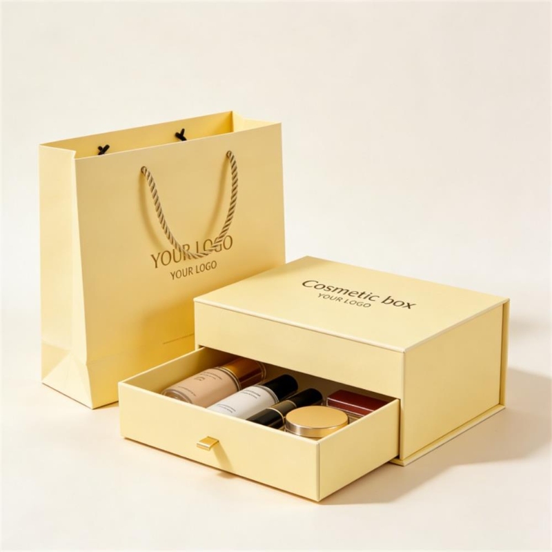 Luxury Yellow Cosmetic Drawer Box With Ribbon Pull
