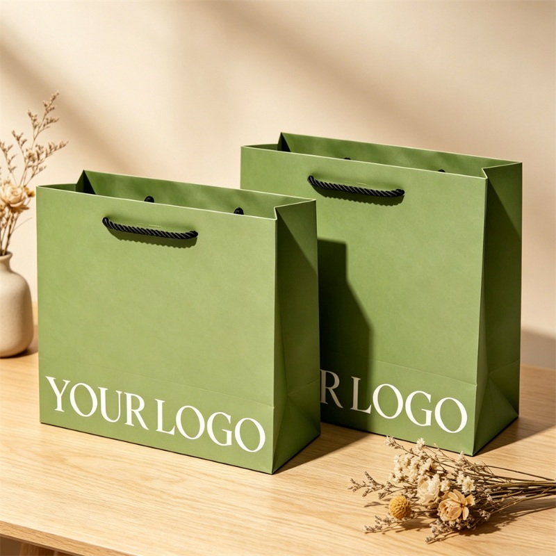 Matte Green Paper Shopping Bags With Handles