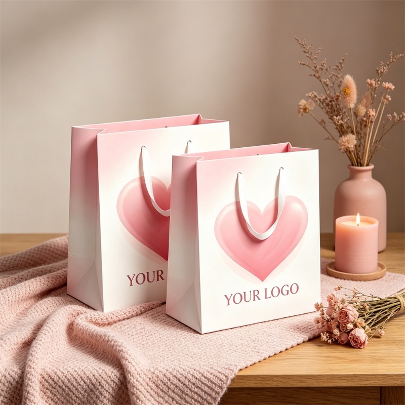 Pink And White Heart Design Gift Bags For Valentine's Day