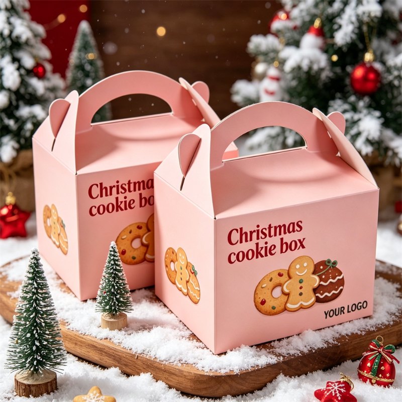 Pink Christmas Cookie Gift Box with Handle