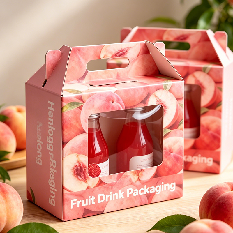 Pink Fruit Drink Packaging Box With Peach Patterns Handle Hole Transparent Window