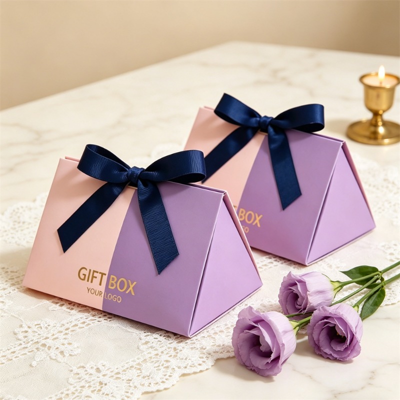 Pink & Purple Pyramid Candy Gift Box with Ribbon