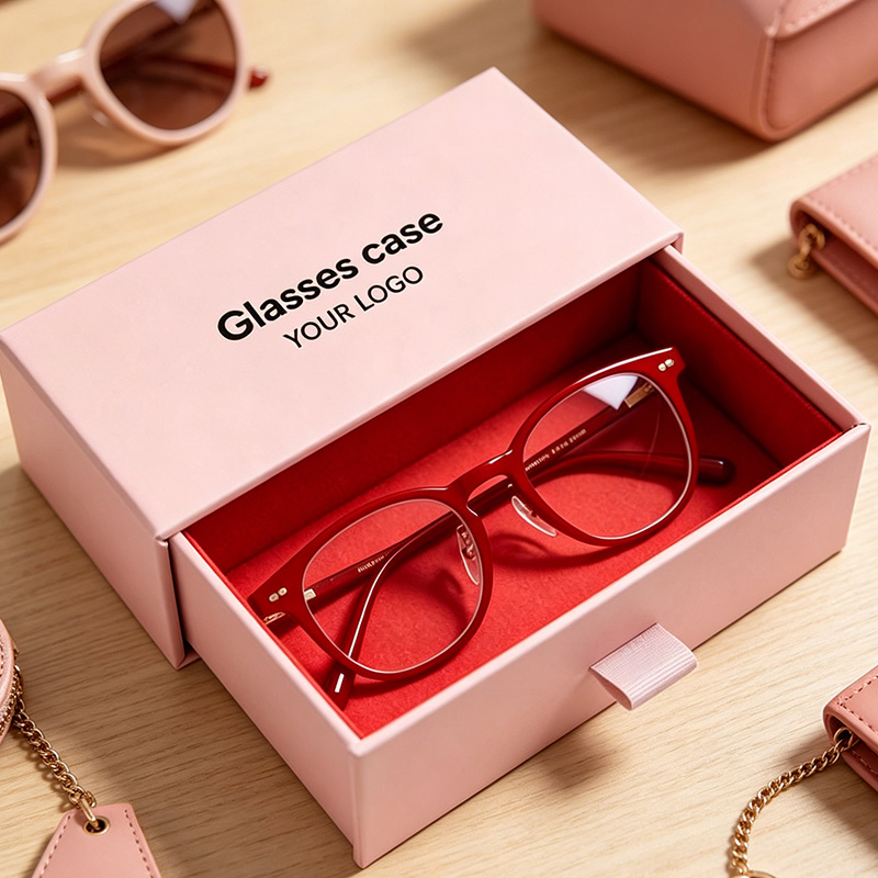 Custom Logo Pink Glasses Case Drawer Packaging Box With Puller