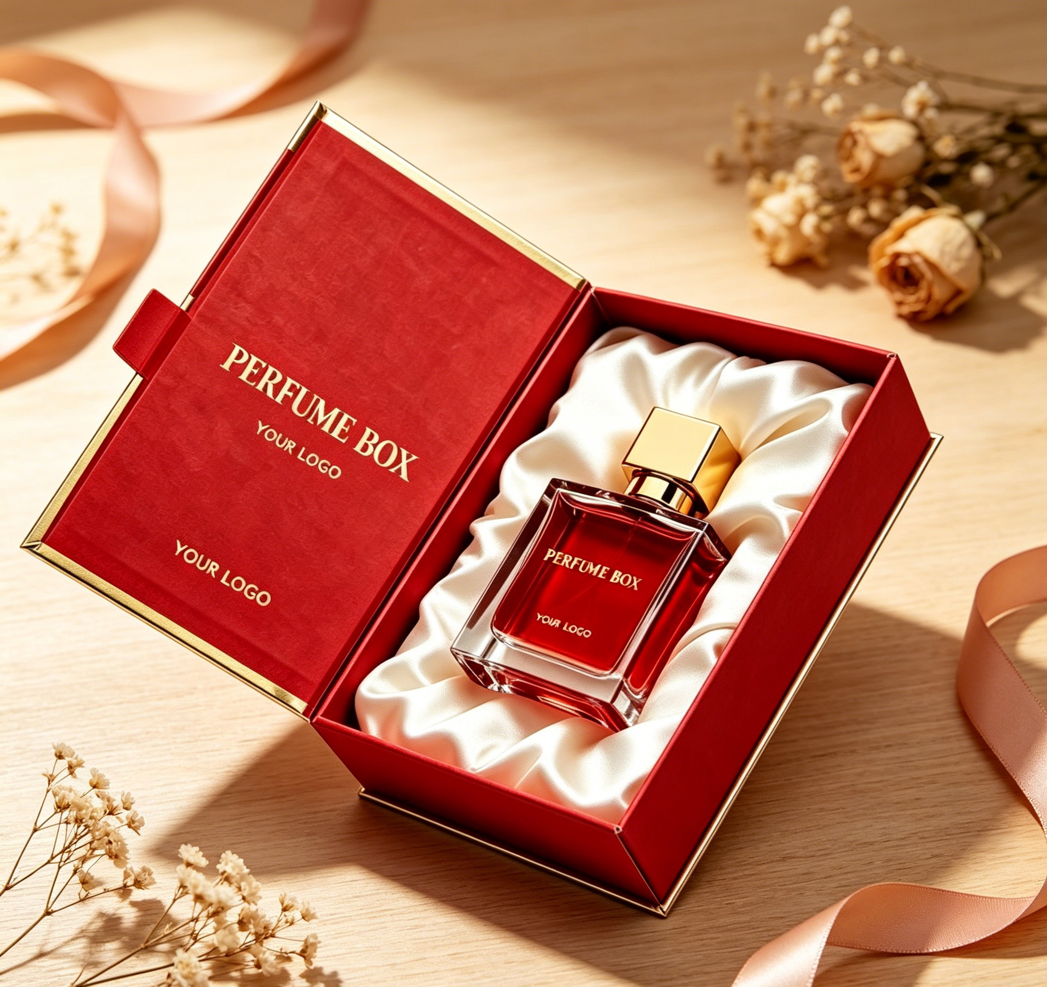High-end Custom Logo Red Rigid Box Gold Foil Edge For Perfume Packaging