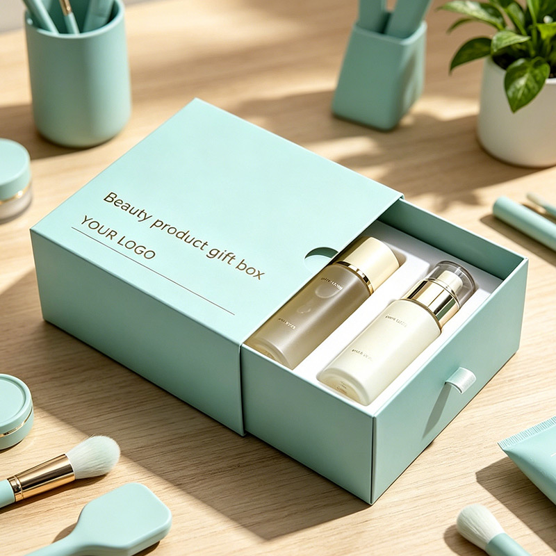 Light Green Cosmetic Drawer Gift Set With Golden Logo White Liner Multi