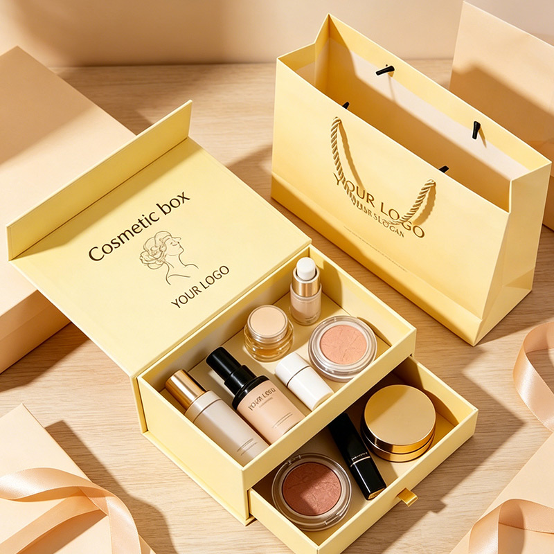 Light Yellow Cosmetic Drawer Box Set With Shopping Bag And Custom Logo For Beauty Brands