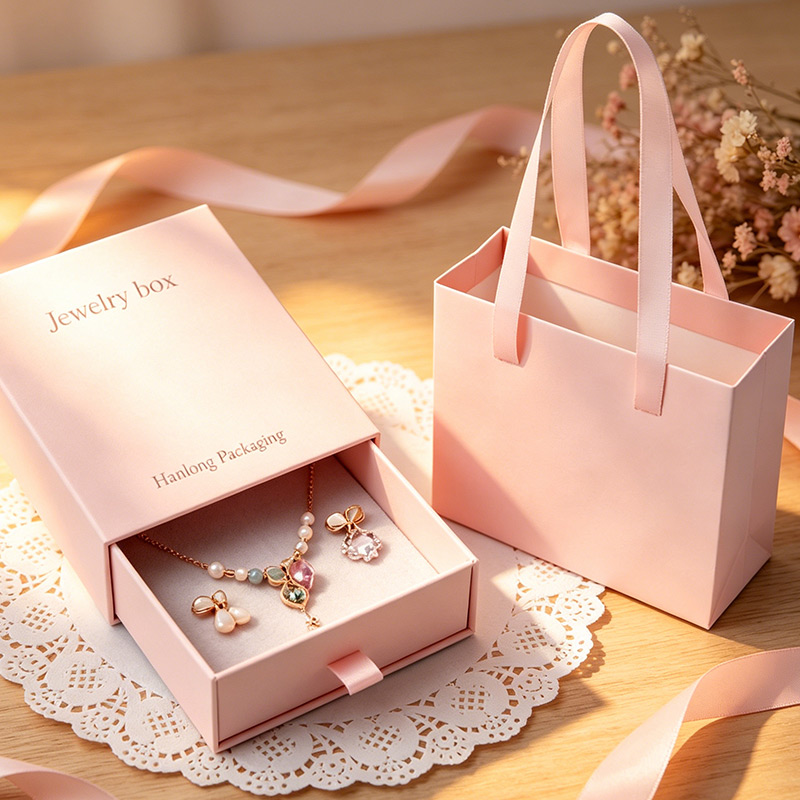 Pink Drawer Jewelry Box With Custom Logo And Shopping Bag
