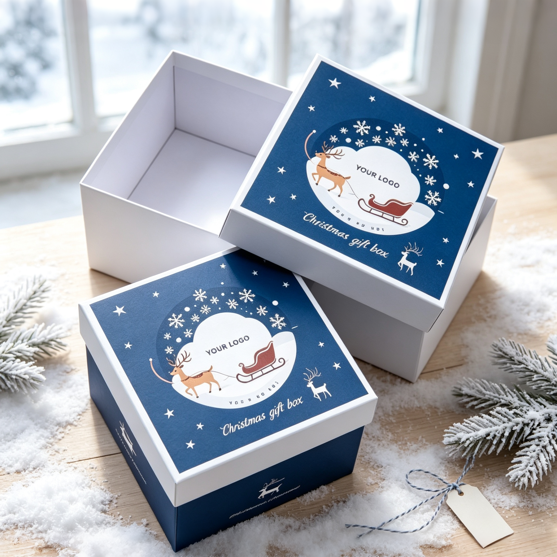 Blue Gift Box WIth Holiday Graphics