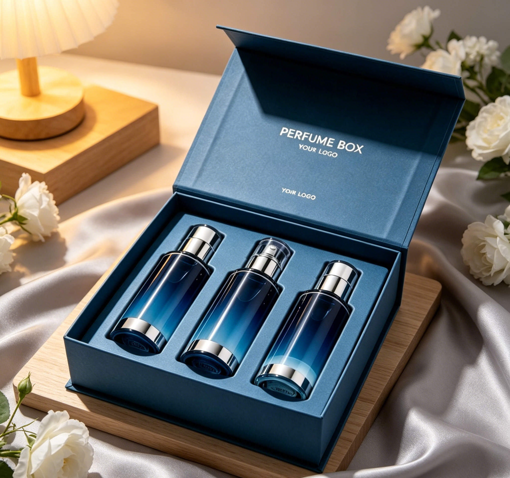 Luxury Blue 3 Piece Skincare Gift Set Magnetic Closure Box