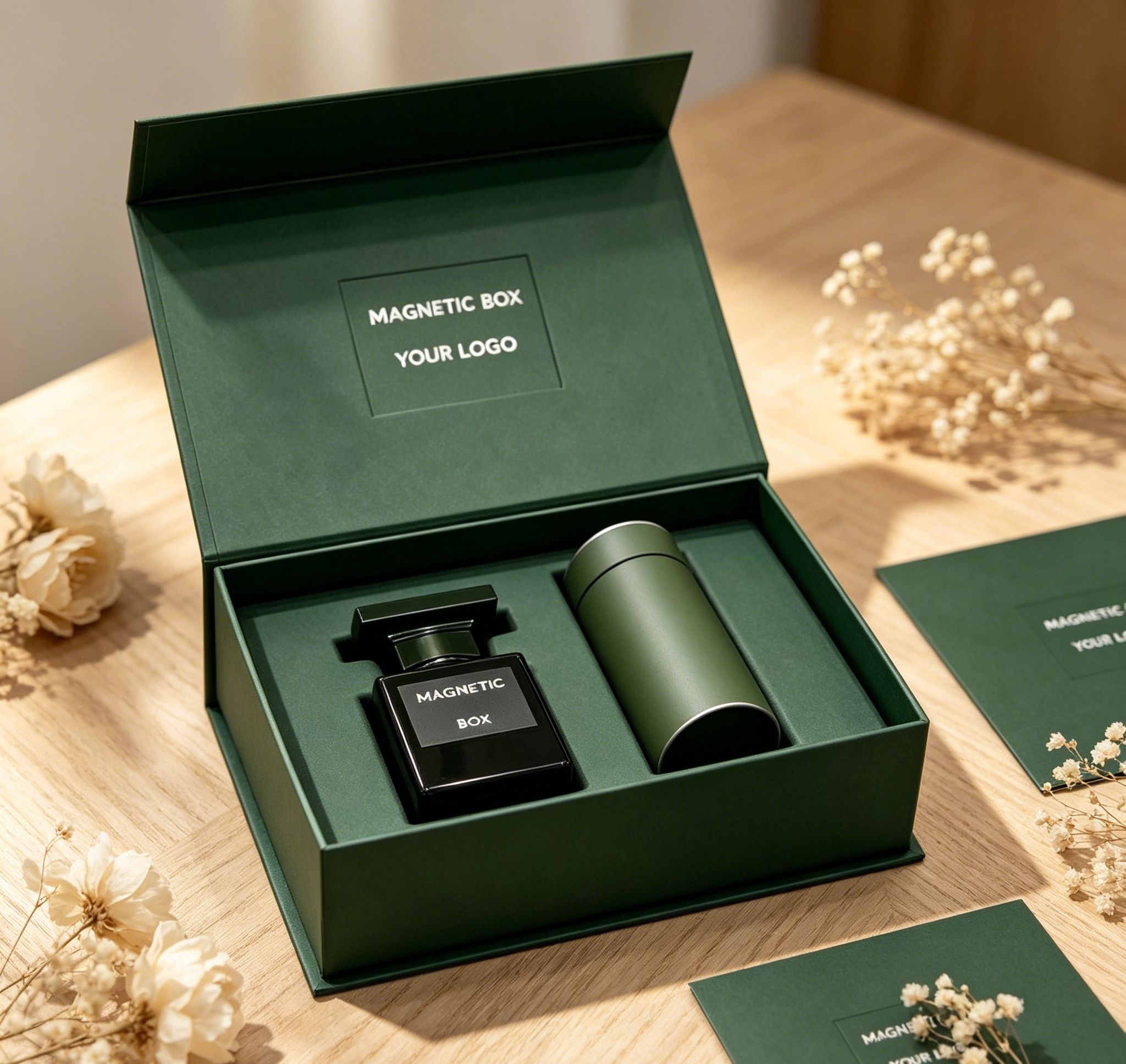 Luxury Matte Green Perfume Box Magnetic Open Top Rigid Box