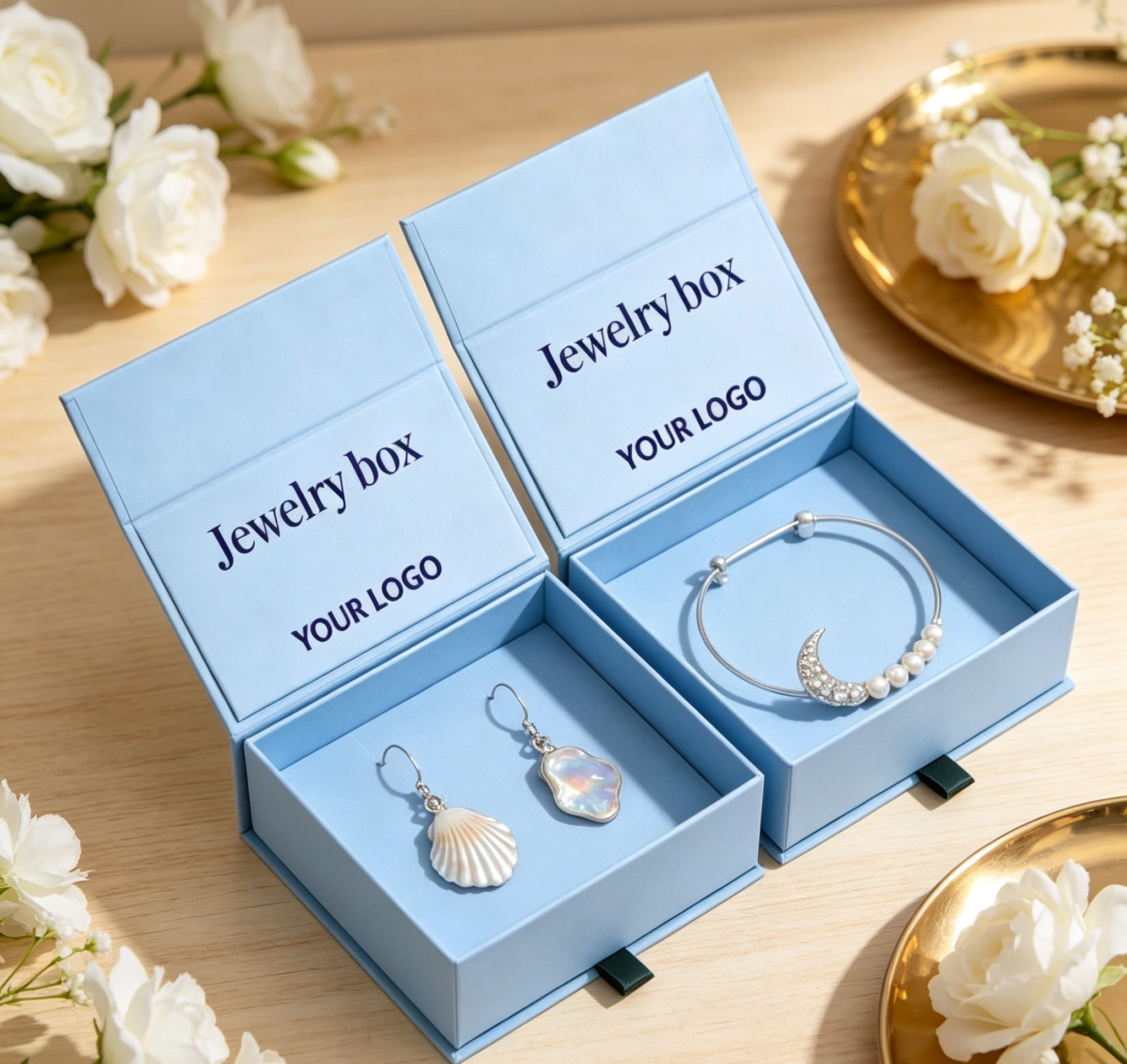 Minimalist Soft Blue Jewelry Box with Custom Logo – Storage for Earrings, Bracelets & More