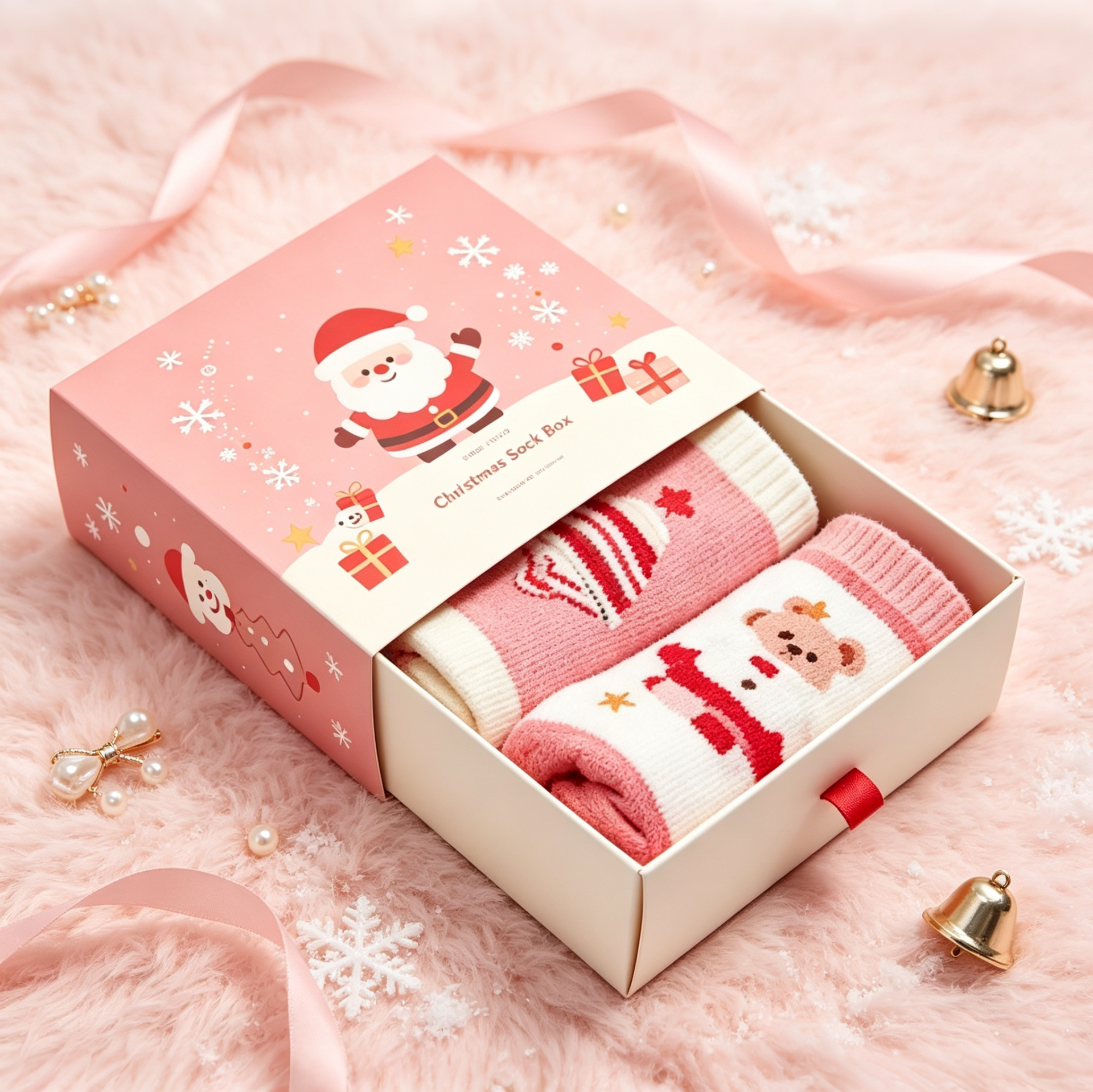 Pink Christmas Socks Set Drawer Box
