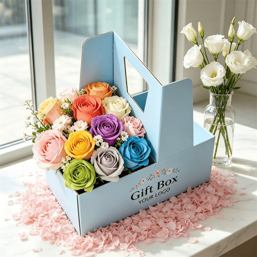 Blue Specialty Rose Bouquet Packaging Box With Handle