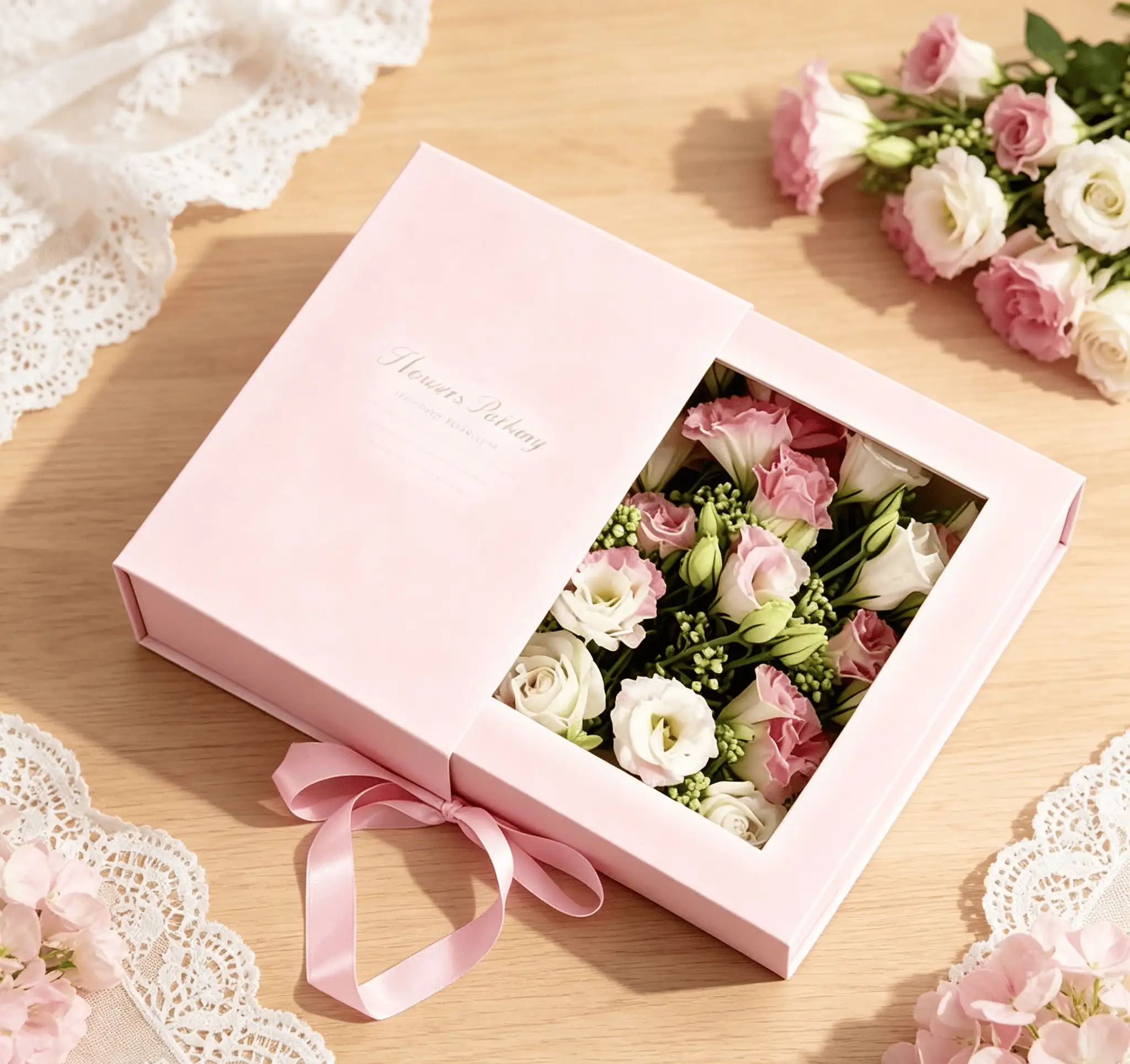 Pink Floral Gift Box With Clear Window For Romantic Gifts