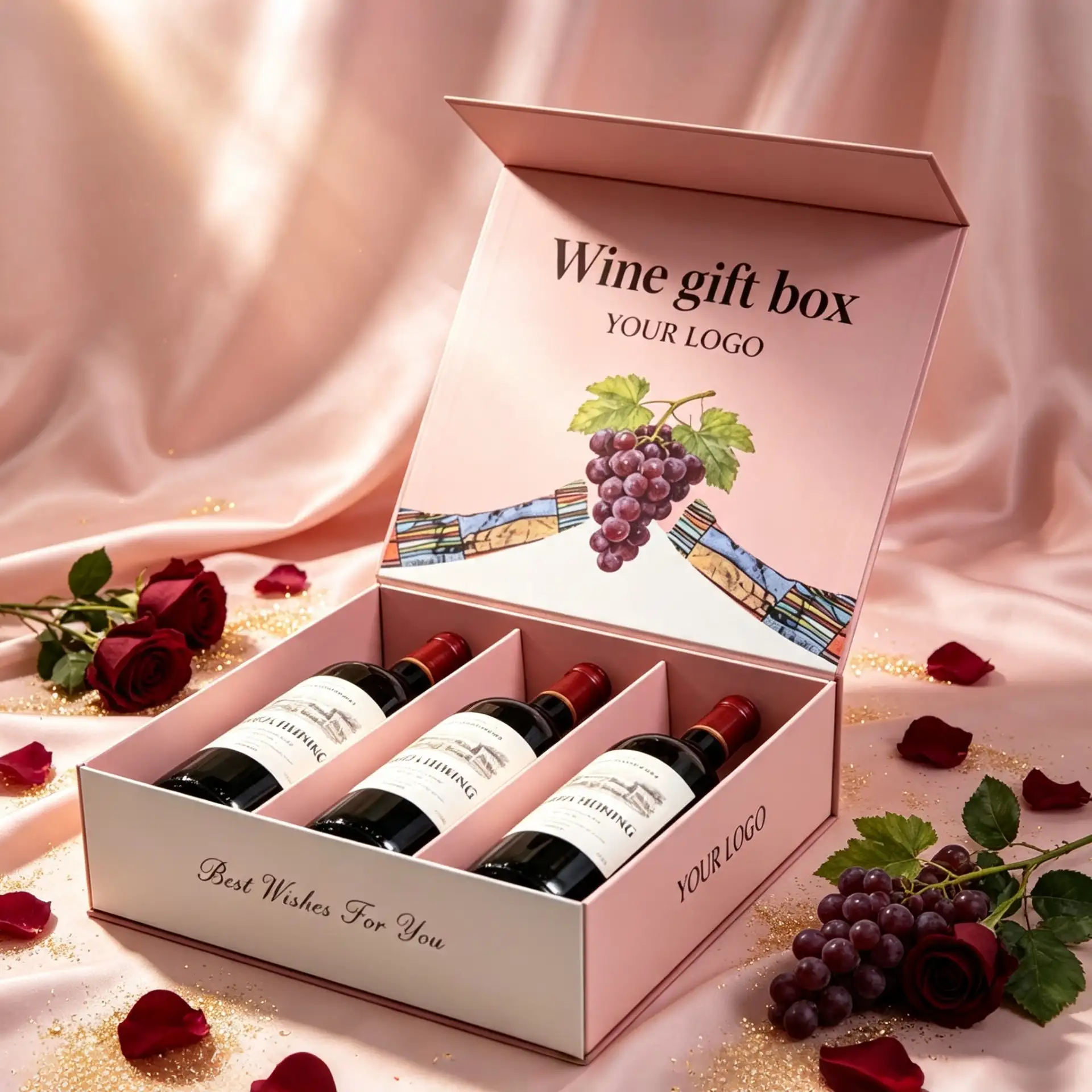 Pink Wine Gift Set Box 3-Bottle Carrier Packaging
