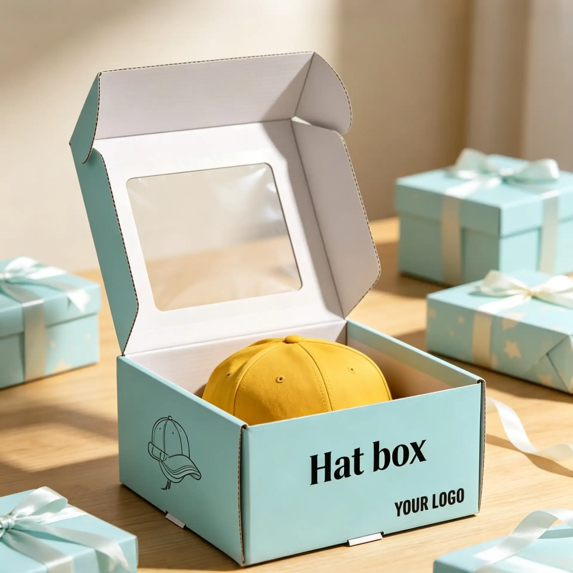 Trendy Sky Blue Cap Box Packaging with Clear Window