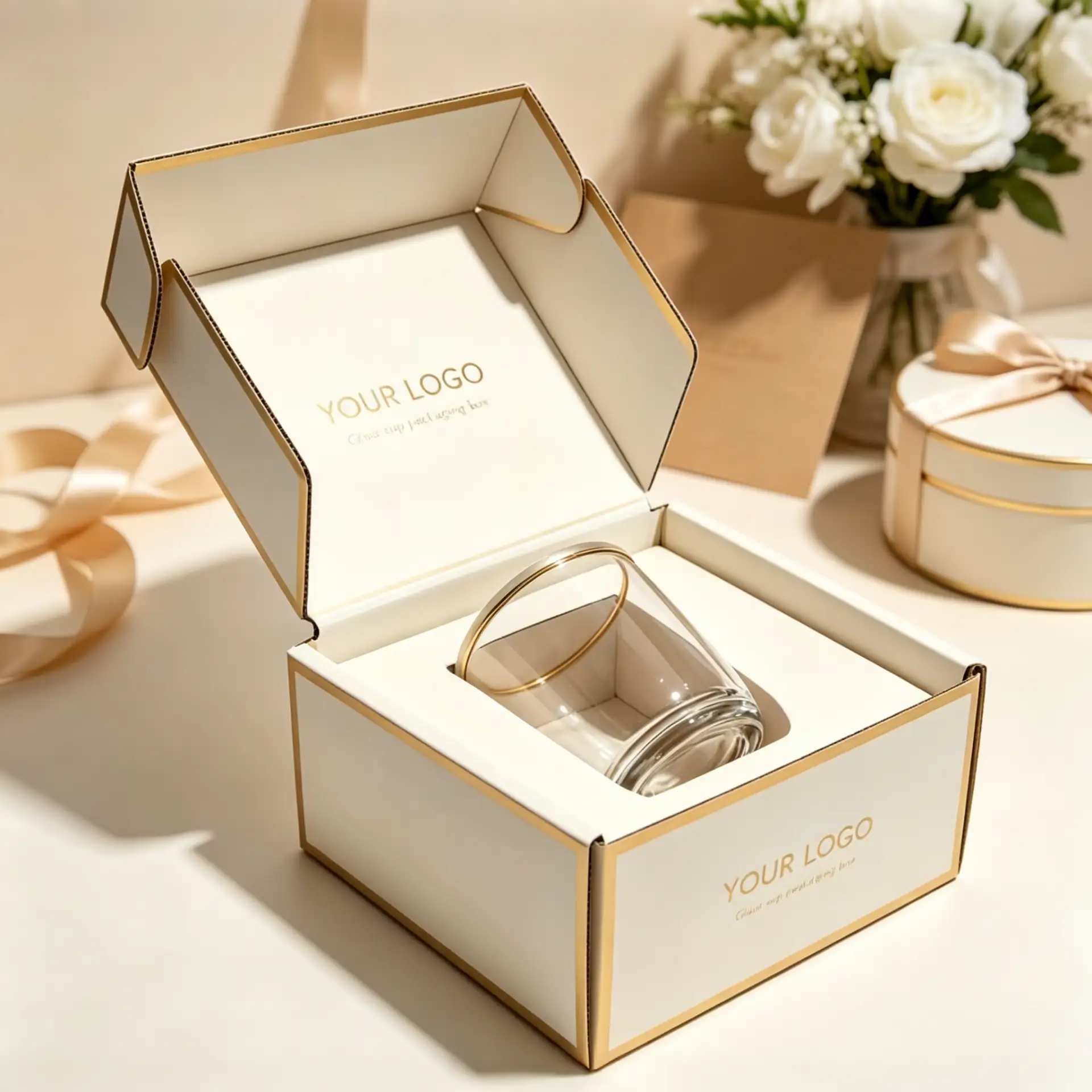 Cream Glass Cup Gold Trim Box