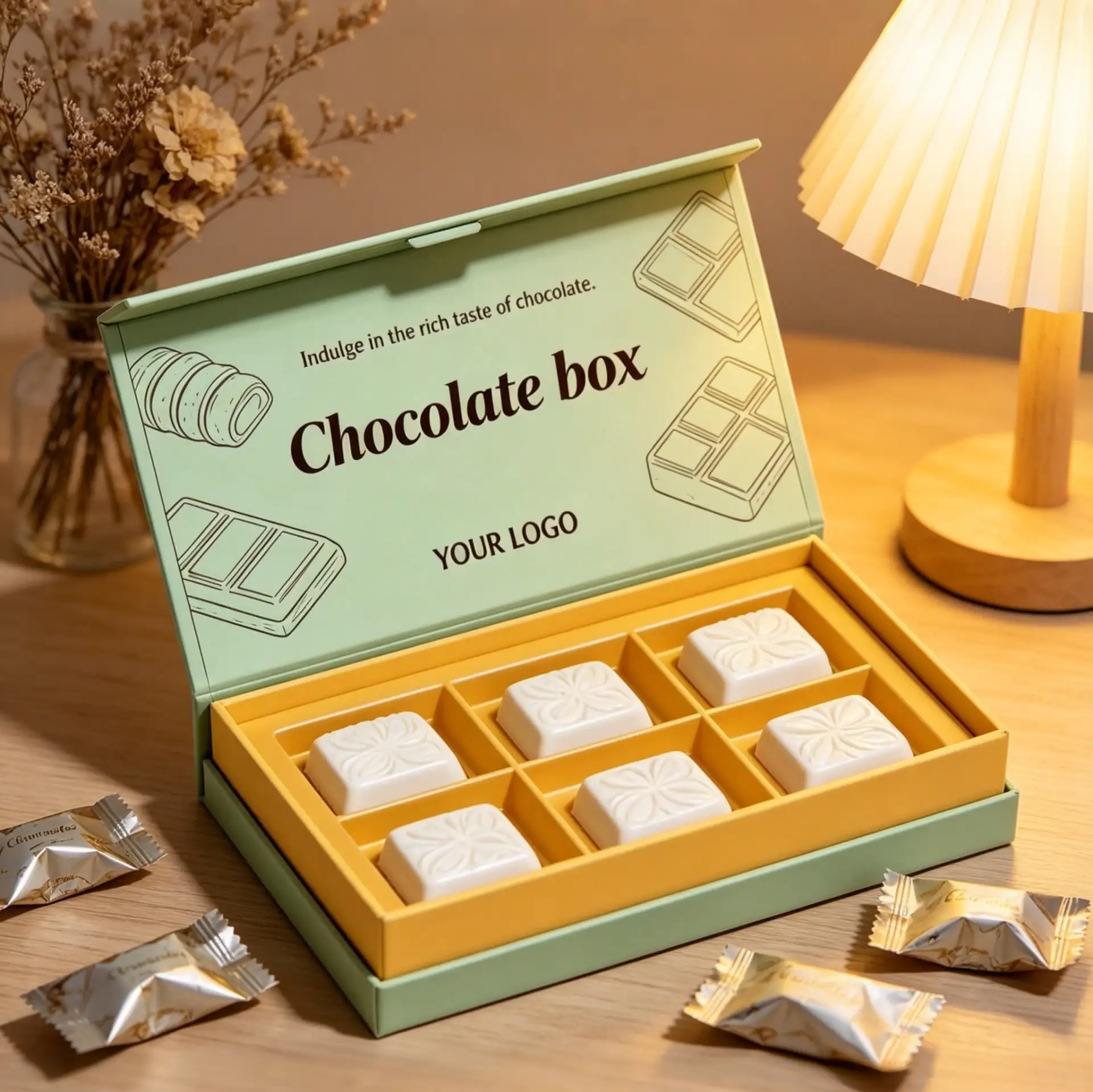 Green Chocolate Gift Box 6-Piece Compartment
